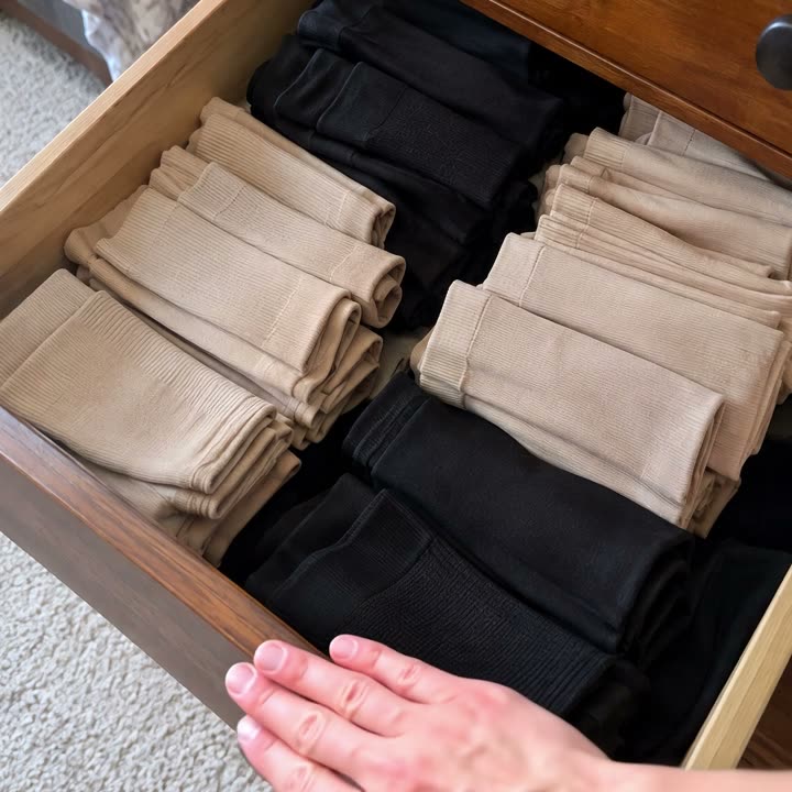 A drawer full of folded compression socks being pushed closed