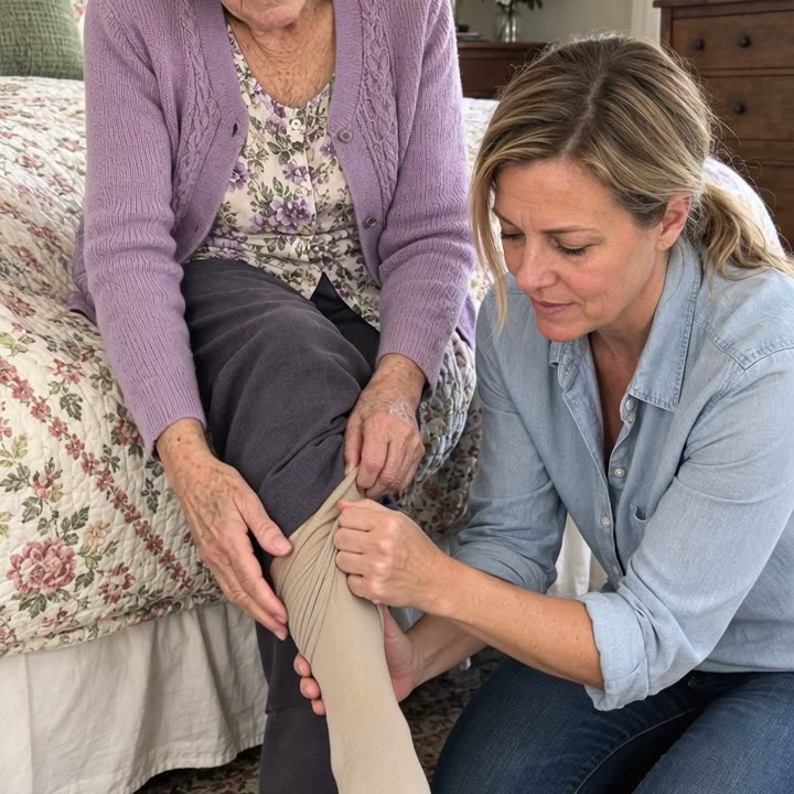 A daughter kneels to help her mother pull on a compression sock