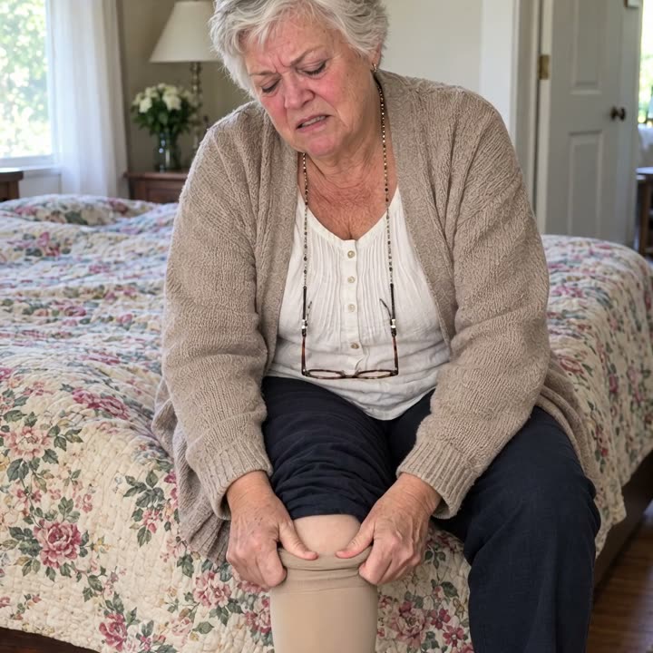 A woman on the edge of her bed struggles to pull a tight compression sock over her leg