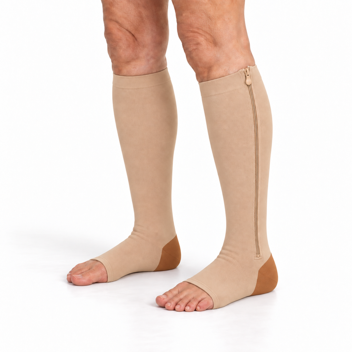 Open-toe zip-on compression socks in beige with a copper-color heel