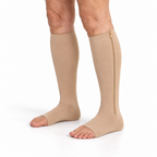 Open-toe zip-on compression socks in beige