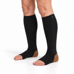 Open-toe zip-on compression socks in black with a copper-color heel