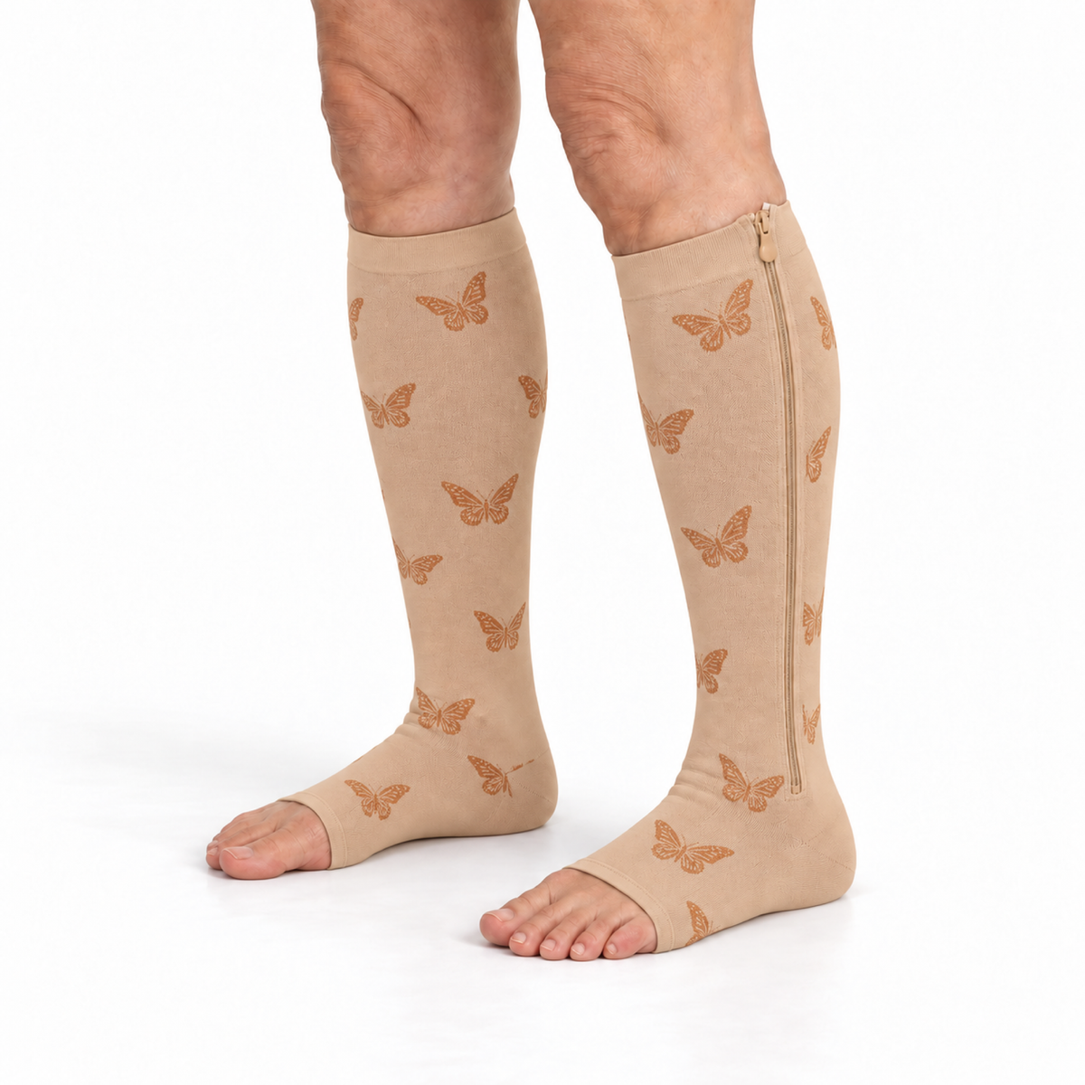 Open-toe zip-on compression socks in beige with a butterfly print