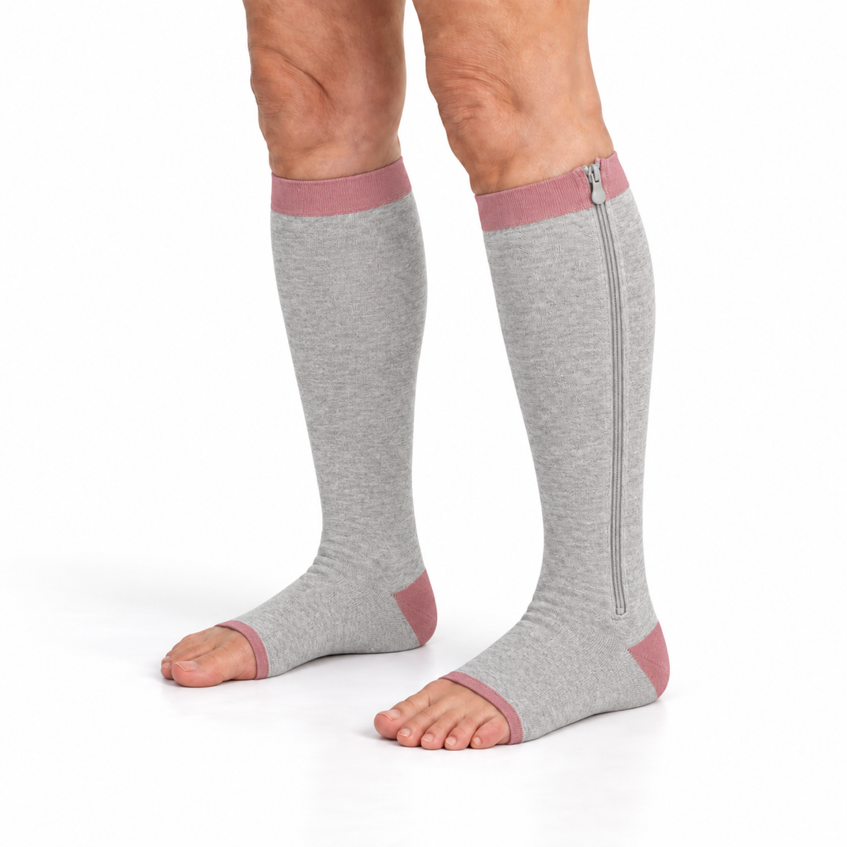 Open-toe zip-on compression socks in grey with a pink top band and heel