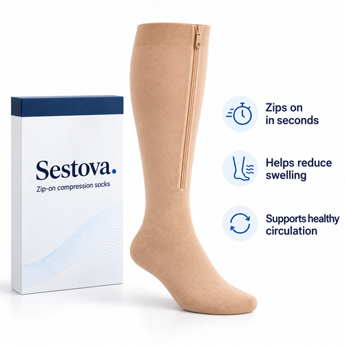 Sestova zip-on compression sock in beige next to its box: zips on in seconds, helps reduce swelling, supports healthy circulation