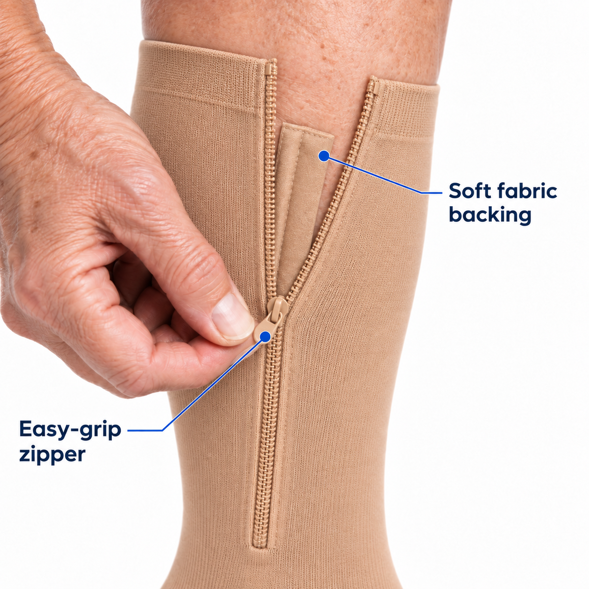 Close-up of the easy-grip zipper and soft fabric backing