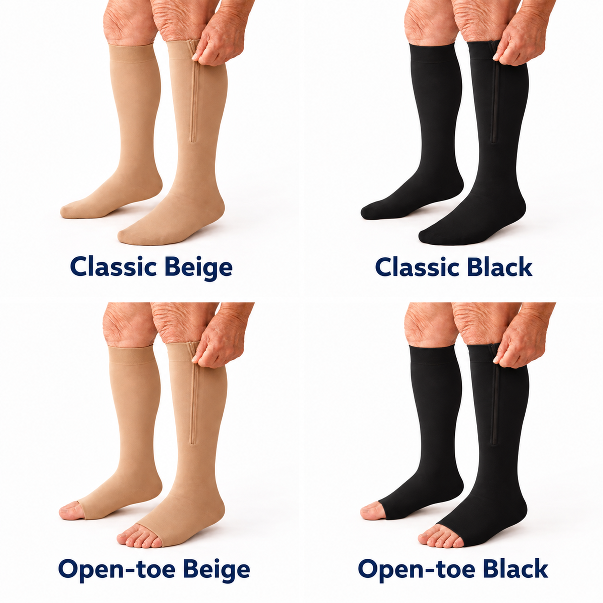 Four options: Classic beige, Classic black, Open-toe beige, Open-toe black