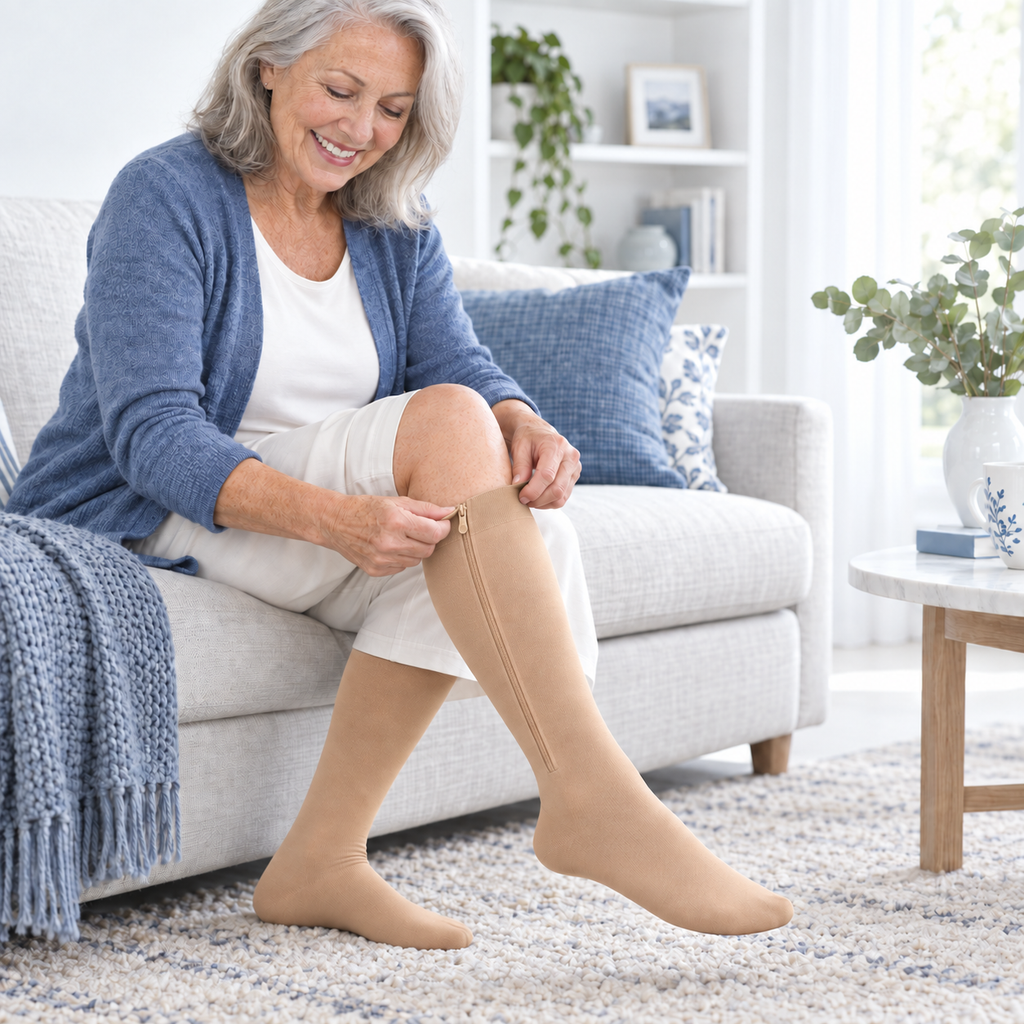 Woman in her sixties zipping up a beige compression sock on her sofa