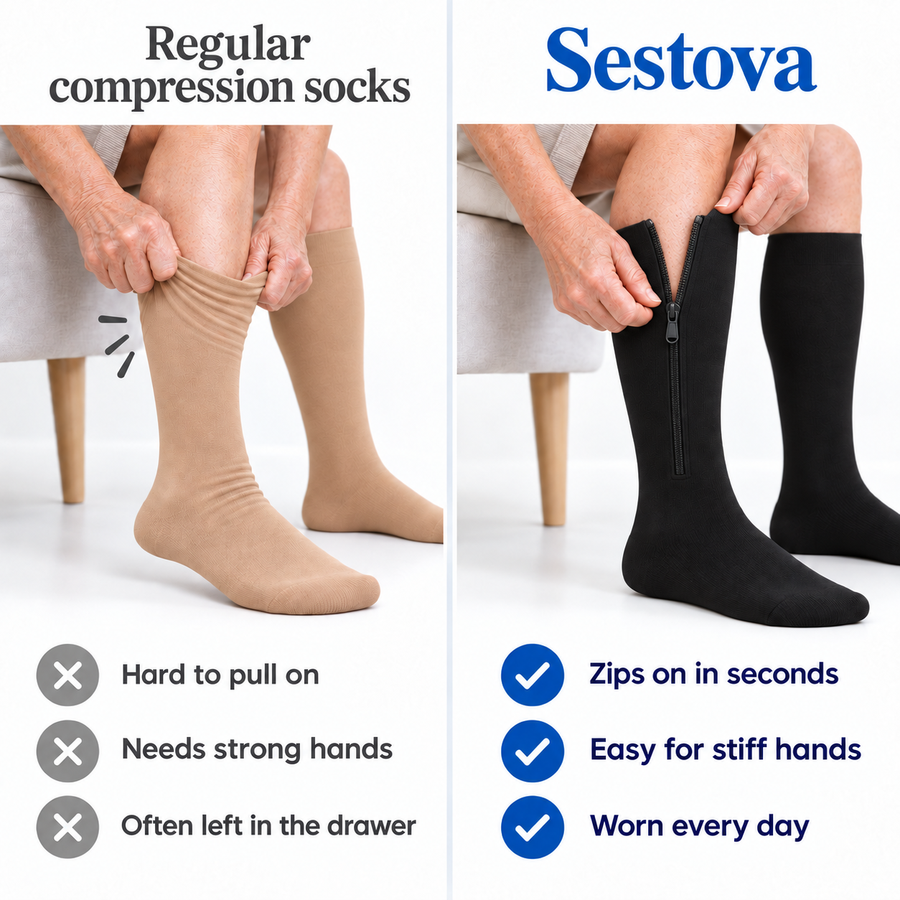 Regular compression socks versus Sestova zip-on socks