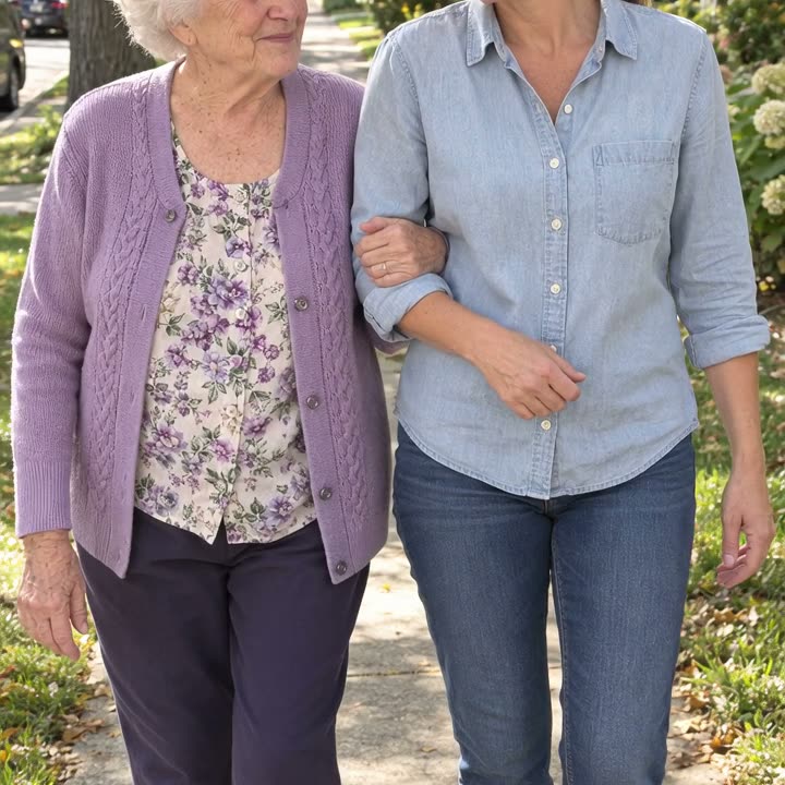 An older woman and her adult daughter walking arm in arm
