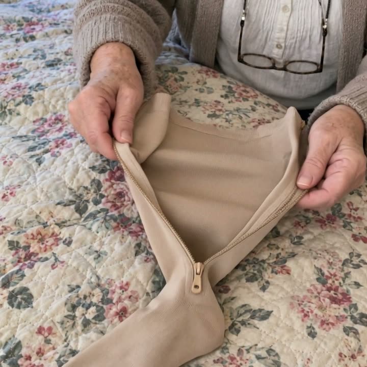 The sock lies open on a bed with its side zipper undone